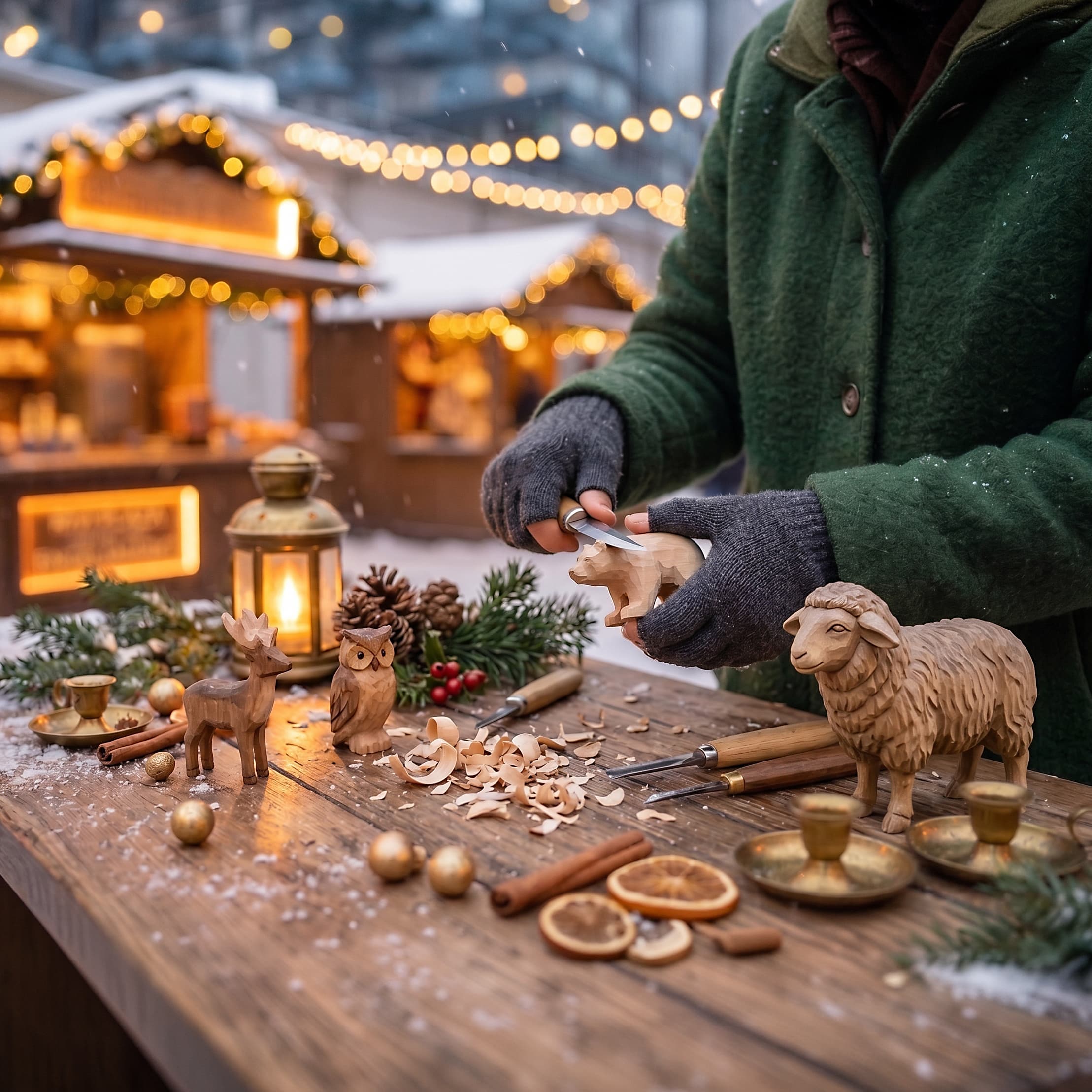 Beleuchtete Marktstände im Rhyfall Village bei Nacht